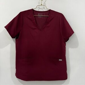 Figs Size Large Burgundy Casma 3 Pocket Scrub Top Short Sleeve Po#1618